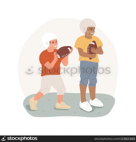 Football isolated cartoon vector illustration American football drills, elementary school sport electives, child practicing stand with oval ball, wearing helmet, competitive vector cartoon.. Football isolated cartoon vector illustration