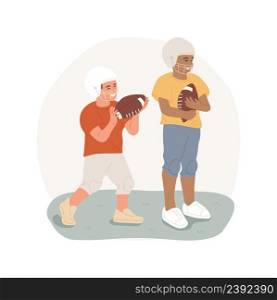Football isolated cartoon vector illustration American football drills, elementary school sport electives, child practicing stand with oval ball, wearing helmet, competitive vector cartoon.. Football isolated cartoon vector illustration