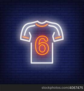 Football kit with player number on brick background. Neon style illustration. Soccer player, sportswear, uniform. Soccer banner. For team game, sport, competition concept
