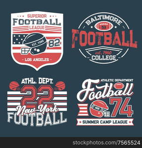 Football league retro grunge t-shirt prints. Vector college club, summer camp league. Soccer club football championship cup, sport team league. Athletic department and american flag, hobby sport game. Soccer club, football league retro t-shirt prints