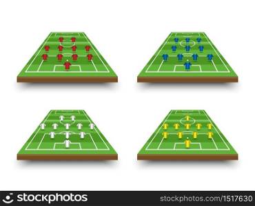 Football lineup formation and tactics on perspective field, vector illustration