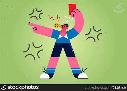Football male referee in uniform blow in whistle point and show red card. Head judge in match eliminate player from game on field. Disqualification concept. Flat vector illustration. . Football referee show red card on field