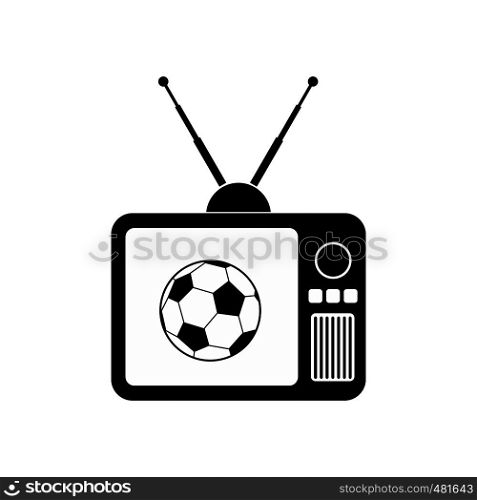Football match on an old TV black simple icon isolated on white background. Football match on an old TV icon