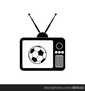 Football match on an old TV black simple icon isolated on white background. Football match on an old TV icon