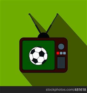 Football match on an old TV flat icon on a green background. Football match on an old TV flat icon