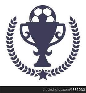 Football match win prize isolated icon soccer tournament vector trophy cup ball and laurel wreath sport competition or championship award or reward emblem or logo heraldry sporting equipment. Soccer tournament or football match win prize isolated icon