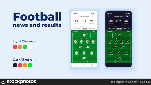 Football news and results cartoon smartphone interface vector templates set. Mobile app screen page day and dark mode design. Live match scores UI for application. Phone display. Football news and results cartoon smartphone interface vector templates set