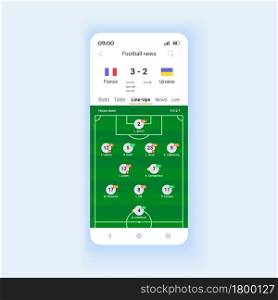 Football news and results smartphone interface vector template. Mobile app page design layout. Official match highlights screen. Expected goals and assists. Flat UI for application. Phone display. Football news and results smartphone interface vector template