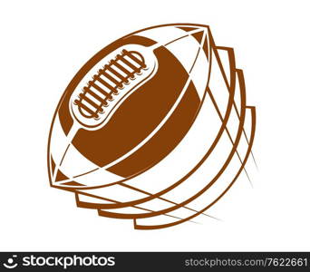 Football or rugby ball flying through the air with motion lines to show the speed at which it is traveling, cartoon illustration in brown on white