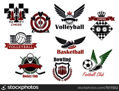 Football or soccer, basketball, ice hockey, chess, bowling, darts and volleyball sport games emblems design with balls, sticks and puck, chessboards and pieces, ninepins, arrows and dartboard . Heraldic emblems and symbols for sport team