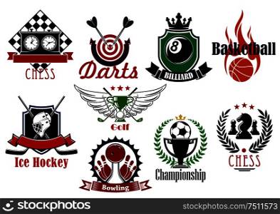 Football or soccer, basketball, ice hockey, golf, darts, bowling, chess and billiards sporting items, trophies and heraldic symbols. For sports games and teams design. Various sports heraldic symbols and icons
