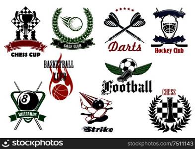 Football or soccer, golf, ice hockey, basketball, bowling, chess, billiards and darts sport emblems with heraldic elements and sporting items. Heraldic sport emblems and icons with items