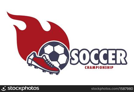 Football or soccer match, win prize isolated icon, tournament vector. Ball on fire and sneaker or trainer, team sport competition emblem or logo. Sporting equipment or item, game and fans club. Soccer championship, football match, win prize isolated icon