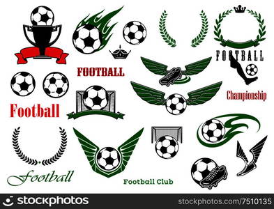 Football or soccer sport game heraldic elements with balls, trophy, shoes, laurel wreaths, gates, text, ribbon banners, crowns, wings and fire flames. Football or soccer sport game design elements