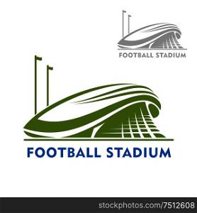 Football or soccer stadium building green icon with flags, isolated on white. For sport theme design. Football stadium building with flags
