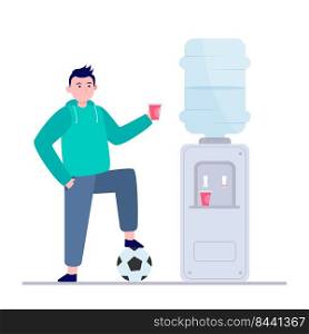Football player drinking water at cooler. Male athlete, soccer, sportsman flat vector illustration. Beverage, refreshment, watercooler concept for banner, website design or landing web page