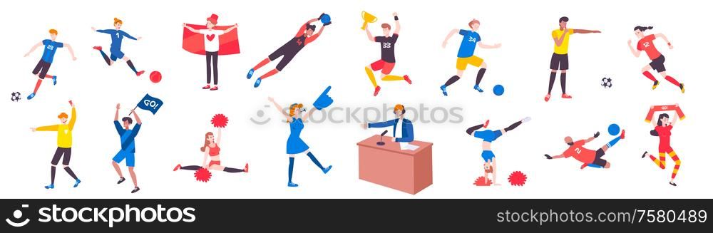 Football player flat set of isolated doodle style human characters with cheerleaders fans referees and broadcaster vector illustration