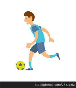Football player in uniform running with ball isolated cartoon character. Vector footballer in t-shirt and shorts kicking leather soccer-ball, athletic man play game. Football Player in Uniform Runs with Ball Isolated
