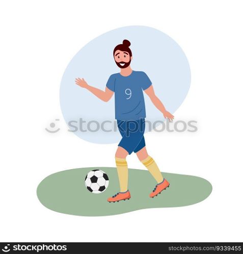Football player isolated. Flat vector illustration of man playing soccer on grass. Footballer in sports uniform running after soccer ball.. Football player isolated. Flat vector illustration of man playing soccer on grass. Footballer in sports uniform running after soccer ball