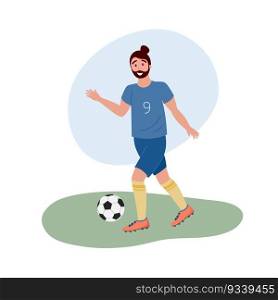 Football player isolated. Flat vector illustration of man playing soccer on grass. Footballer in sports uniform running after soccer ball.. Football player isolated. Flat vector illustration of man playing soccer on grass. Footballer in sports uniform running after soccer ball