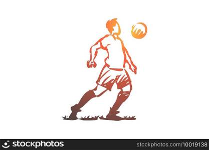 Football player, soccer, goal, kick concept. Hand drawn soccer player with ball concept sketch. Isolated vector illustration.. Football player, soccer, goal, kick concept. Hand drawn isolated vector.
