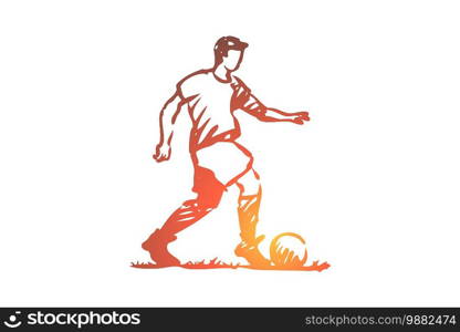 Football player, soccer, goal, kick concept. Hand drawn soccer player with ball concept sketch. Isolated vector illustration.. Football player, soccer, goal, kick concept. Hand drawn isolated vector.