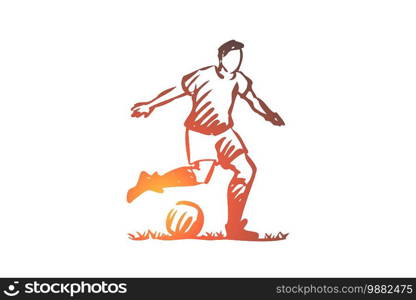 Football player, soccer, goal, kick concept. Hand drawn soccer player with ball concept sketch. Isolated vector illustration.. Football player, soccer, goal, kick concept. Hand drawn isolated vector.