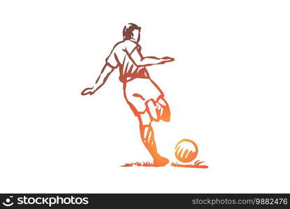 Football player, soccer, goal, kick concept. Hand drawn soccer player with ball concept sketch. Isolated vector illustration.. Football player, soccer, goal, kick concept. Hand drawn isolated vector.