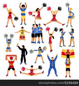 Football Players Cheerleaders And Fans Set. Set of football players, trainer, fans with scarf and flag, girls cheerleaders with pompoms isolated vector illustration