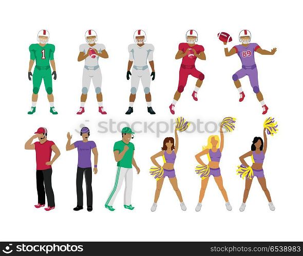 Football Players, Coaches, Cheerleading Girls. Collection of icons of american college football players. Three football coaches. Cheerleading girl teams. Three standing men. Two jumping and throwing balls players underneath. Flat design. Vector