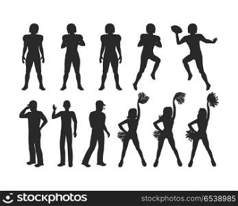 Football Players, Coaches, Cheerleading Girls. Silhouettes of american football players. Strong athletic sportsman. Football coaches. Cheerleading girl teams. Icons of soccer game members. Cartoon style. Flat design. Vector ilustration