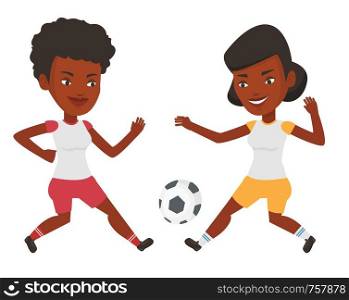 Football players in action during a champions league match. Soccer players fighting over control of ball during football match at stadium. Vector flat design illustration isolated on white background.. Two female soccer players fighting for ball.