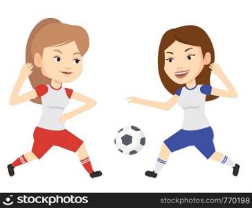 Football players in action during a champions league match. Soccer players fighting over control of ball during football match at stadium. Vector flat design illustration isolated on white background.. Two female soccer players fighting for ball.