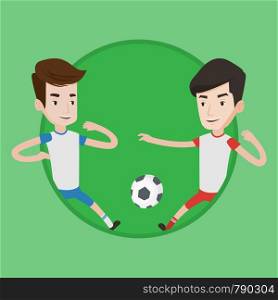 Football players in action during a champions league match. Two male soccer players fighting over control of ball at stadium. Vector flat design illustration in the circle isolated on background.. Two male soccer players fighting for ball.
