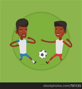 Football players in action during a champions league match. Soccer players fighting over control of ball during a football match. Vector flat design illustration in the circle isolated on background.. Two male soccer players fighting for ball.