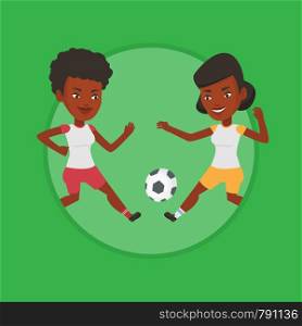 Football players in action during a champions league match. Soccer players fighting over control of ball during a football match. Vector flat design illustration in the circle isolated on background.. Two female soccer players fighting for ball.