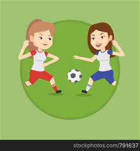 Football players in action during a champions league match. Soccer players fighting over control of ball during a football match. Vector flat design illustration in the circle isolated on background.. Two female soccer players fighting for ball.