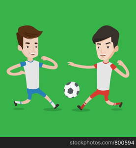 Football players in action during a champions league match. Two male soccer players fighting over control of ball during a football match at stadium. Vector flat design illustration. Square layout.. Two male soccer players fighting for ball.