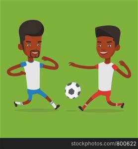Football players in action during a champions league match. Two male soccer players fighting over control of ball during a football match at stadium. Vector flat design illustration. Square layout.. Two soccer players fighting for ball.
