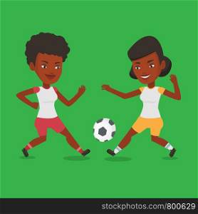 Football players in action during a champions league match. Two female soccer players fighting over control of ball during a football match at stadium. Vector flat design illustration. Square layout.. Two female soccer players fighting for ball.