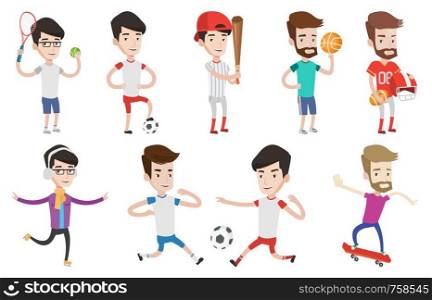 Football players in action during a match. Football players fighting over control of ball. Sportsman standing with football ball. Set of vector flat design illustrations isolated on white background.. Vector set of sport characters.
