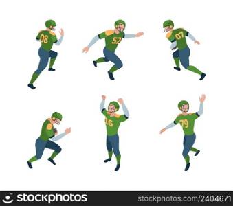 Football players. Isometric sport characters american football players running jumping standing holding ball vector 3d persons in dynamic pose. Illustration sport american football game with ball. Football players. Isometric sport characters american football players running jumping standing holding ball garish vector 3d persons in dynamic pose
