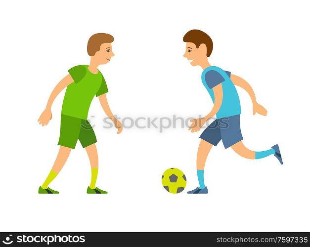 Football players vector, playing people running and chasing ball isolated competitors. Team with inflatable object, characters wearing colored uniforms. Boys Playing Football, People Running with Ball