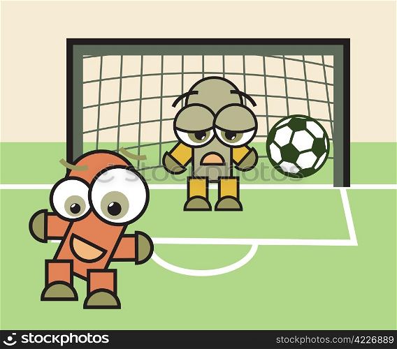 Football (soccer) game match. Happy forwarder and sad goalkeeper cartooon characters with ball. Vector illustration.