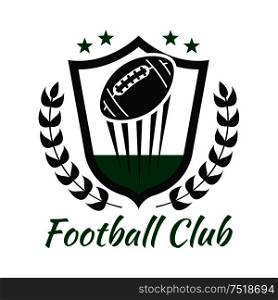 Football sport heraldic symbol of medieval shield with flying ball decorated by laurel wreath and stars. American football sports club or team badge design usage. Football sports icon with ball on heraldic shield
