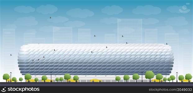 Football Stadium and blue sky. Front view. Vector illustration