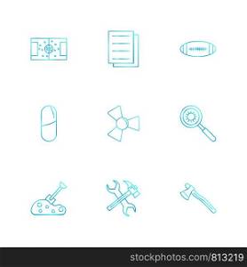 Football stadium , documents , rugby , search , axe , medicine , spade , fan , hammer , wrench , icon, vector, design, flat, collection, style, creative, icons