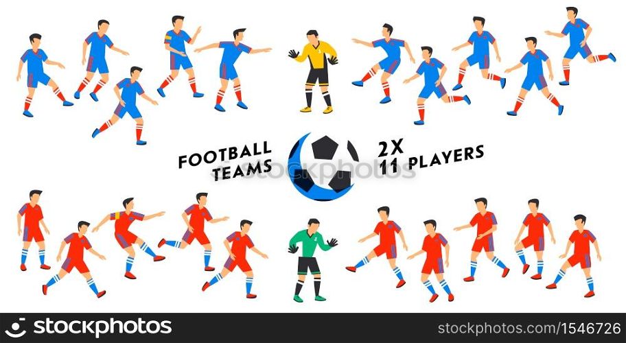 Football team set. Two full Football teams, 11 players. Soccer players on different positions playing football. Spectacular sport. Colorful flat style illustration. vector illustration Soccer players set. Football cup. Vector illustration. Football team set. Two full Football teams, 11 players. Soccer players on different positions playing football. Spectacular sport. Colorful flat style illustration. vector illustration Soccer players set. Football cup.