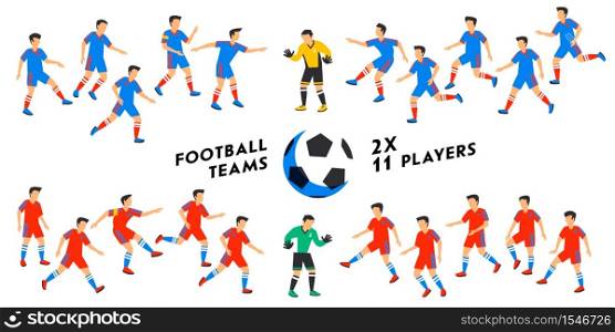 Football team set. Two full Football teams, 11 players. Soccer players on different positions playing football. Spectacular sport. Colorful flat style illustration. vector illustration Soccer players set. Football cup. Vector illustration. Football team set. Two full Football teams, 11 players. Soccer players on different positions playing football. Spectacular sport. Colorful flat style illustration. vector illustration Soccer players set. Football cup.