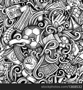 Football vector hand drawn doodles seamless pattern. Soccer graphics background design. Sports cartoon trace illustration.. Football vector hand drawn doodles seamless pattern. Graphics background design.